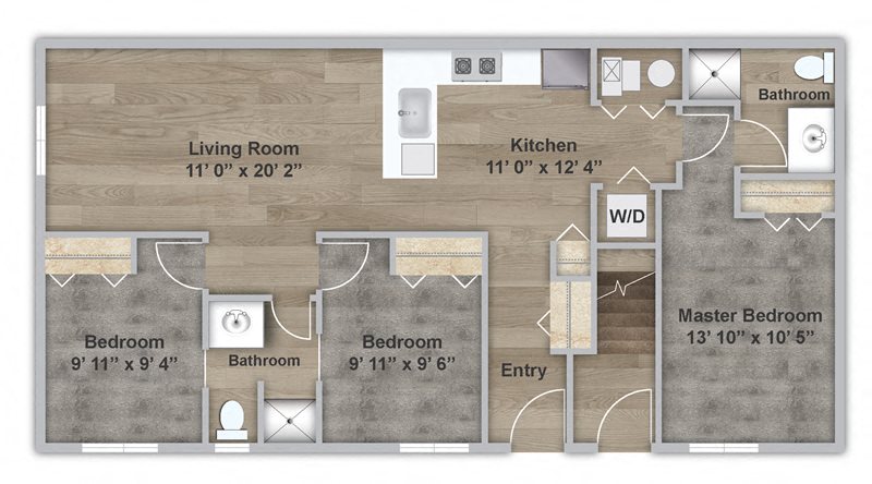 Floor plan for 3 beds, 2 baths, 1152 sqft